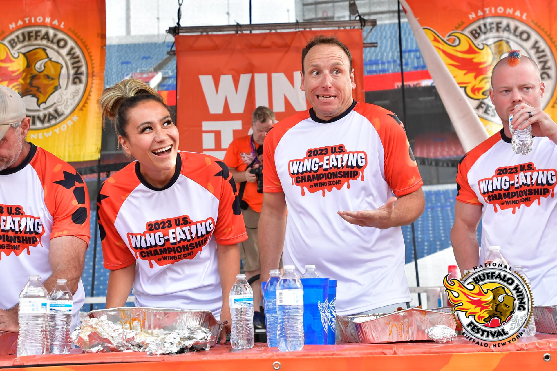 Joey Chestnut and Miki Sudo at the Wing It On! US Chicken Wing Eating Championship