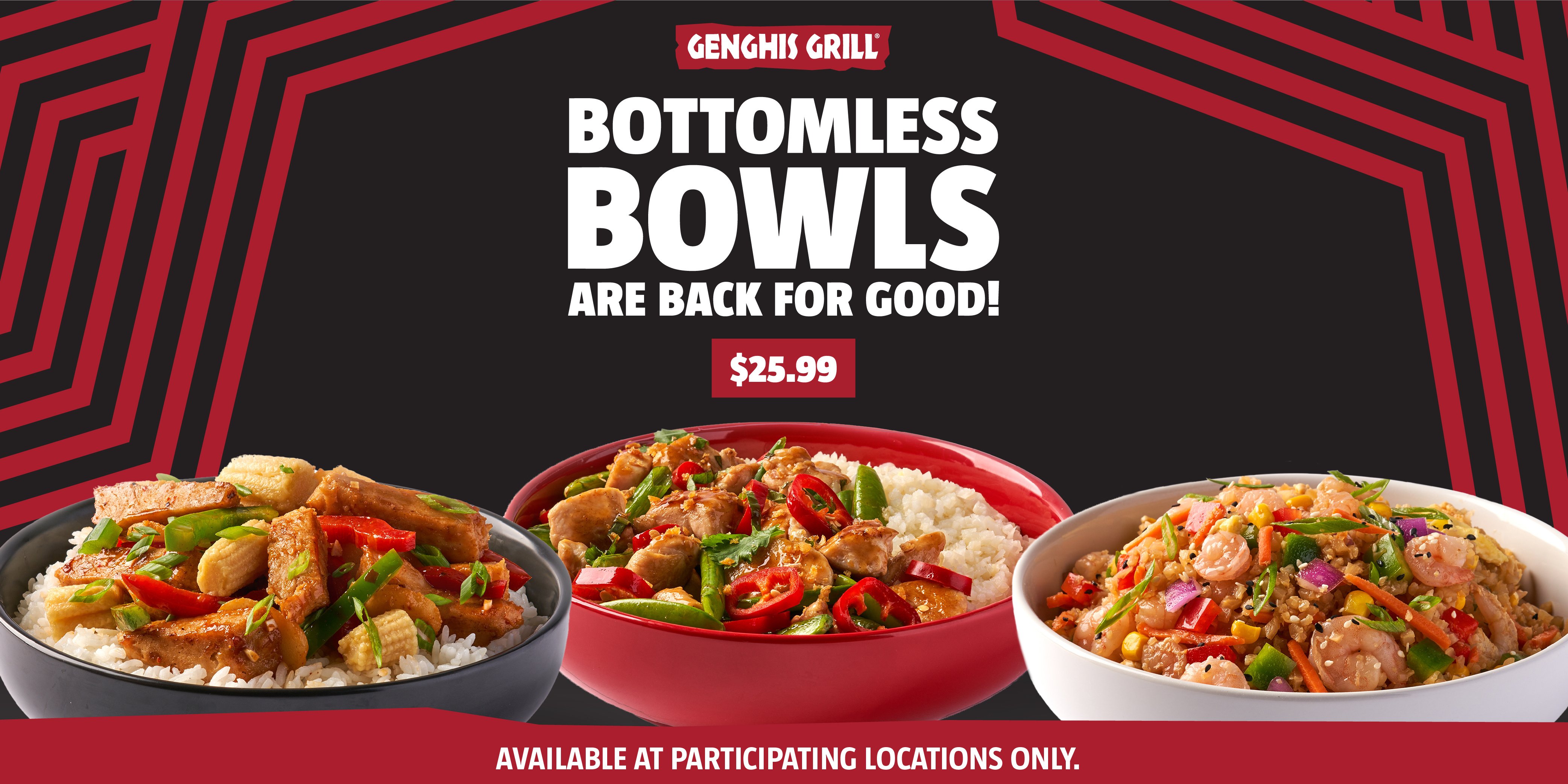 Genghis Grill, Stir Fry, Bowls, Stir Fry Bowls, America's Best Bowl, Stir Fry Grill, Food, Bottomless Bowl, Food Deal, Food Promo, Unlimited Food, Unlimited Stir Fry