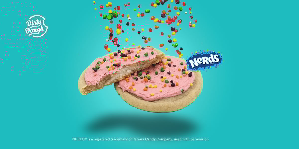 Dirty Dough, Craveworthy Brands, NERDS, NERDS Candy, Cookies, Baked Goods, Cookie Collab, Collaboration, Brand Partnership, CPG, Food, Sweets, Dessert, Stuffed Cookies, Cookies, Candy, Sweet, Tangy, Gooey, Crunchy, Culinary Innovation, Cookie Drop, LTO, Limited Time Only
