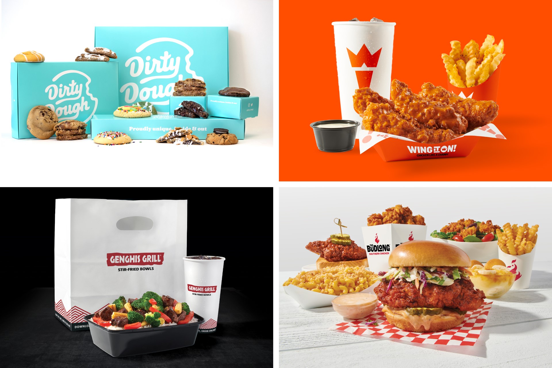 Four of the brands currently franchising under Craveworthy Brands: Dirty Dough, Wing It On!, Genghis Grill and The Budlong Southern Chicken